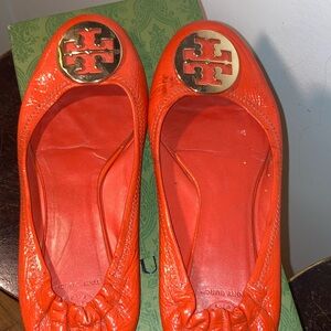 Tory Burch Red Flats with Logo Medallion